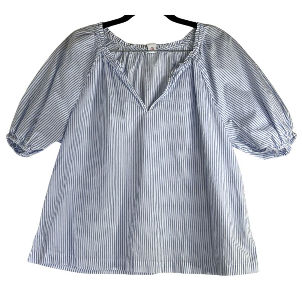 Old Navy Blue & White Striped Smocked Puff Short Sleeve V-Neck Blouse Size S